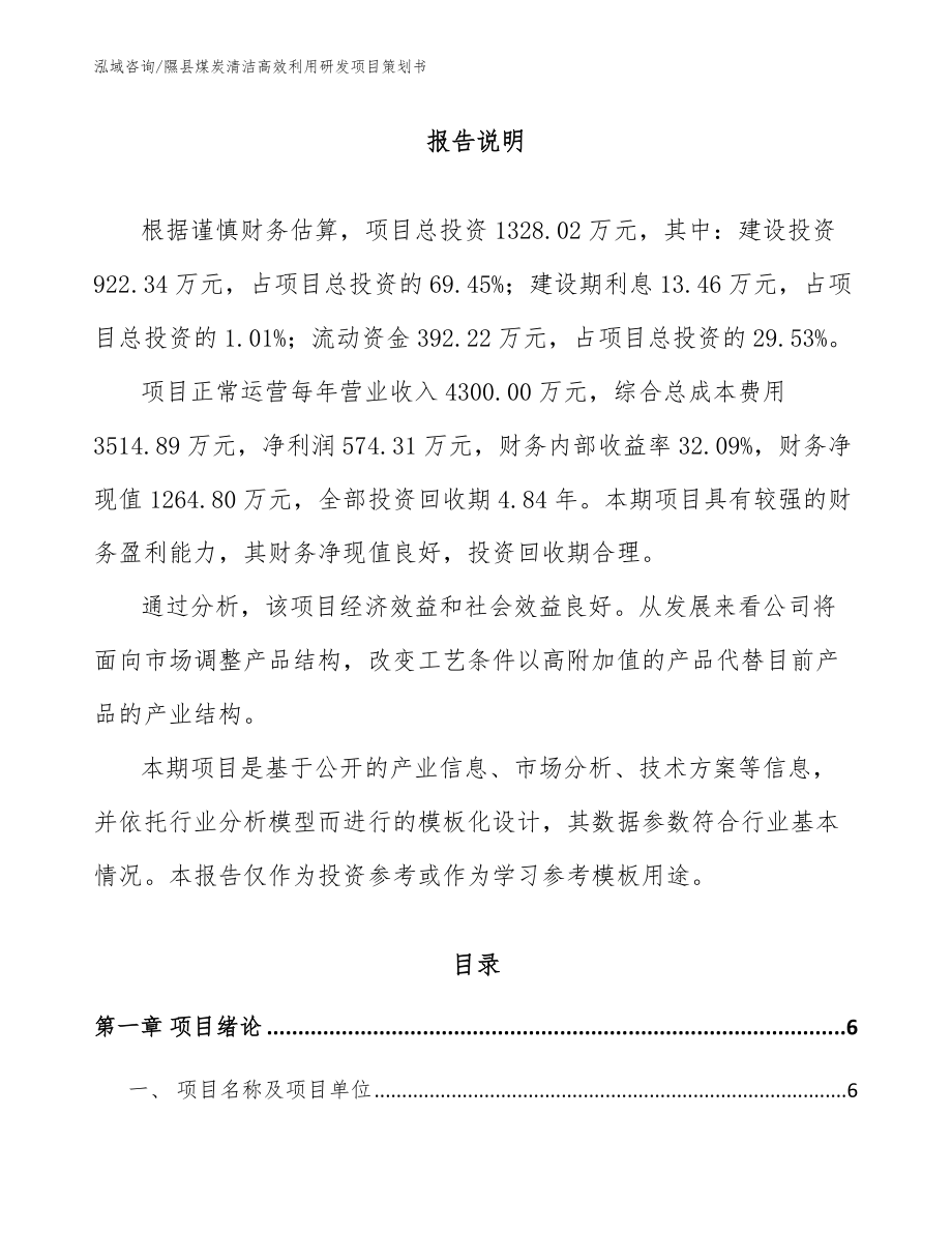 隰县煤炭清洁高效利用研发项目策划书_模板_第1页