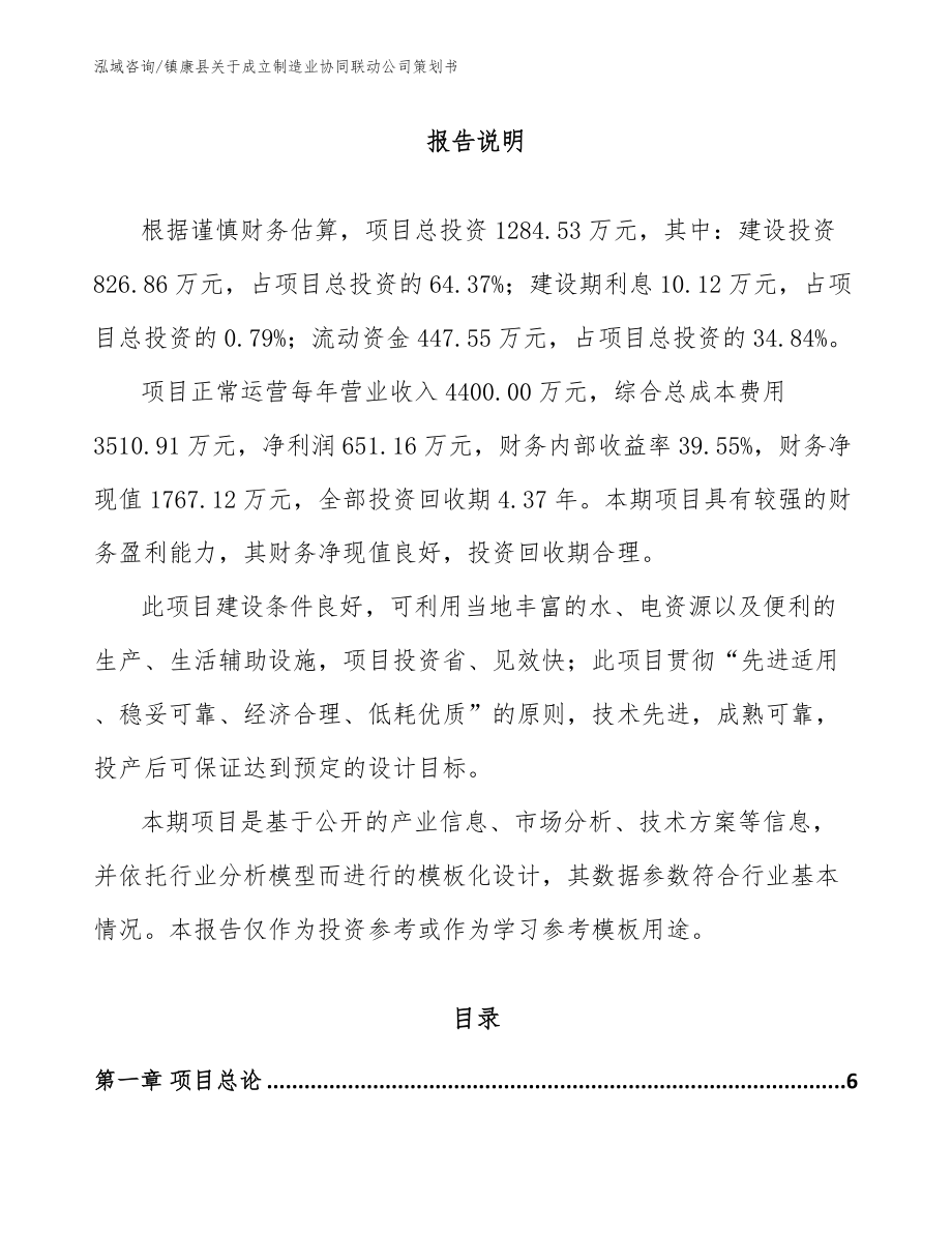 镇康县关于成立制造业协同联动公司策划书参考范文_第1页