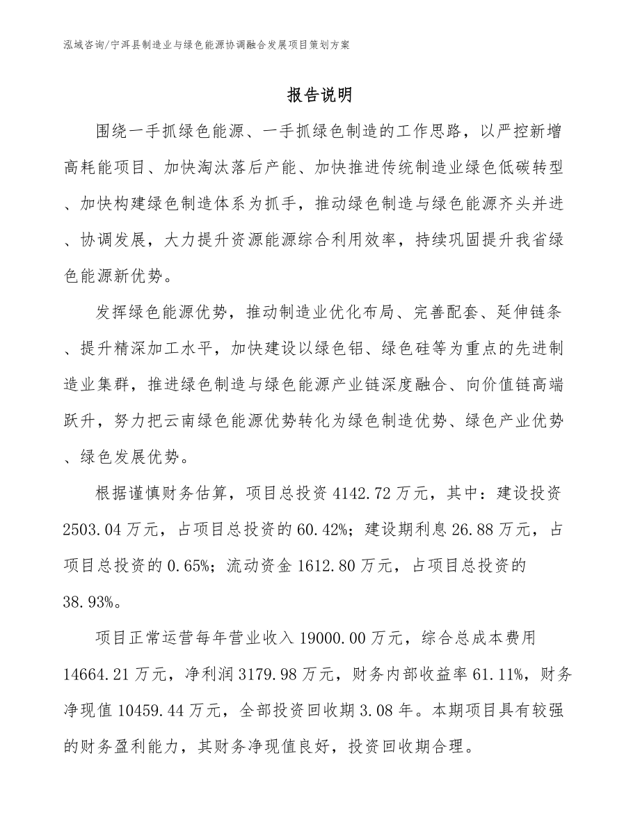 宁洱县制造业与绿色能源协调融合发展项目策划方案_模板_第1页