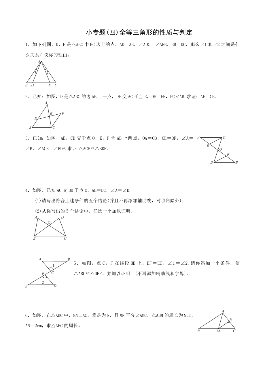 专题(四)全等三角形的性质与判定_第1页