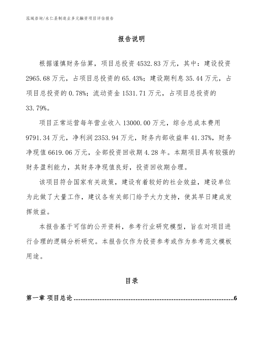 永仁县制造业多元融资项目评估报告范文_第1页