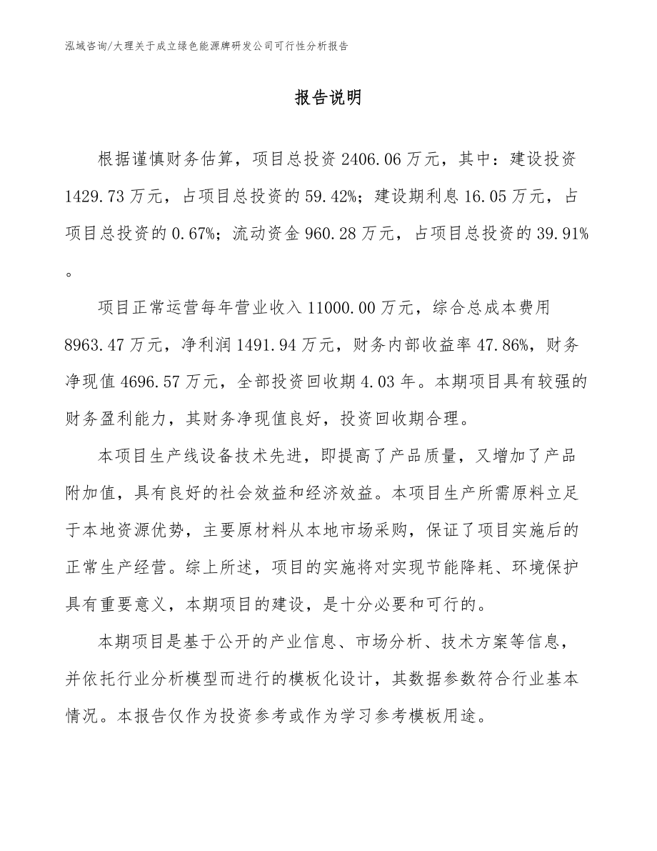 大理关于成立绿色能源牌研发公司可行性分析报告（范文参考）_第1页