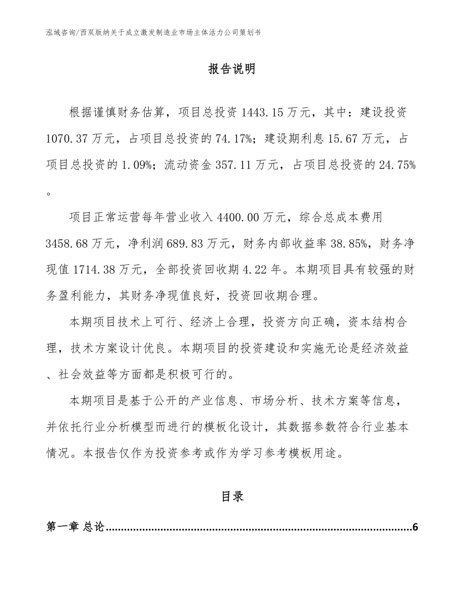 西双版纳关于成立激发制造业市场主体活力公司策划书_第1页