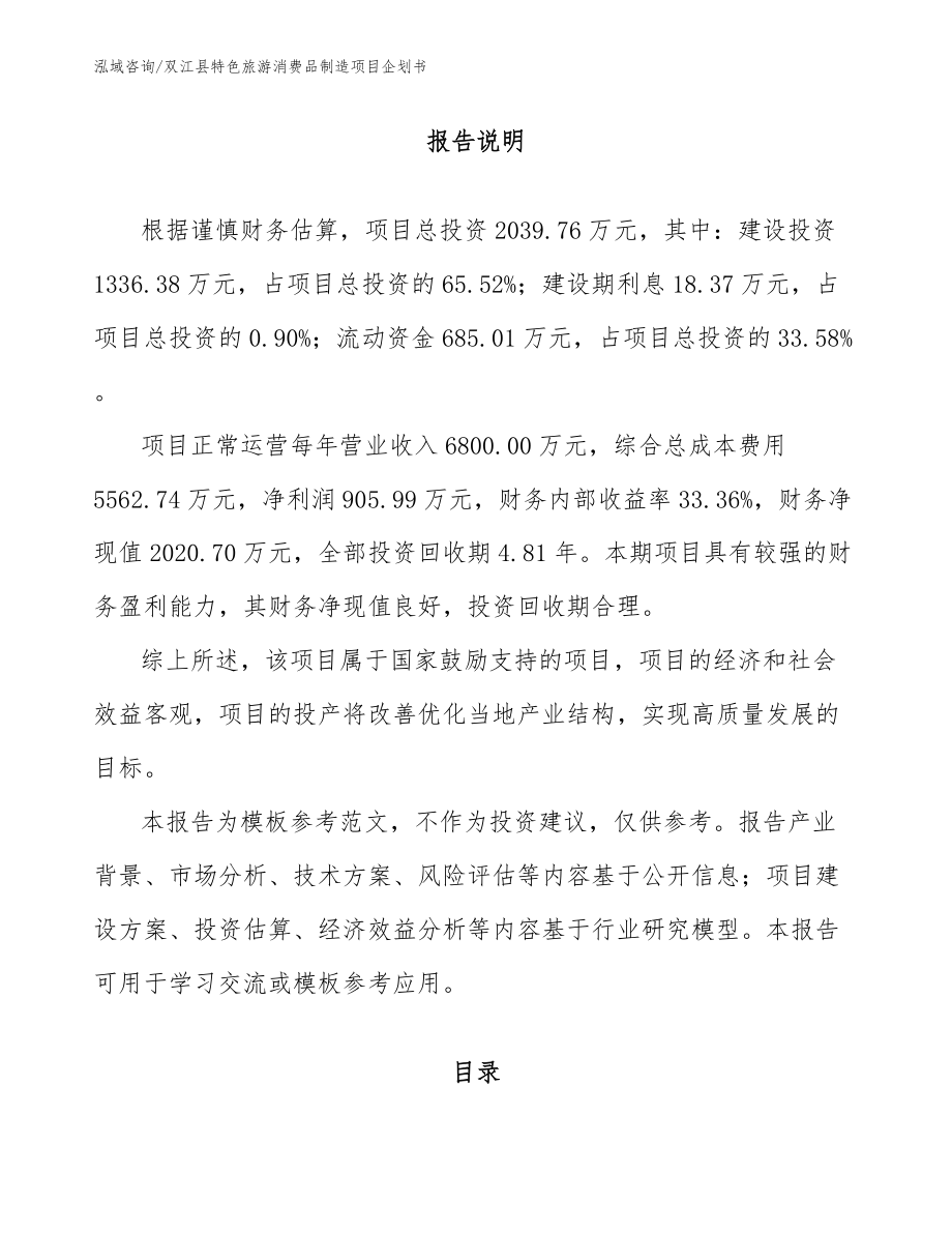 双江县特色旅游消费品制造项目企划书_第1页