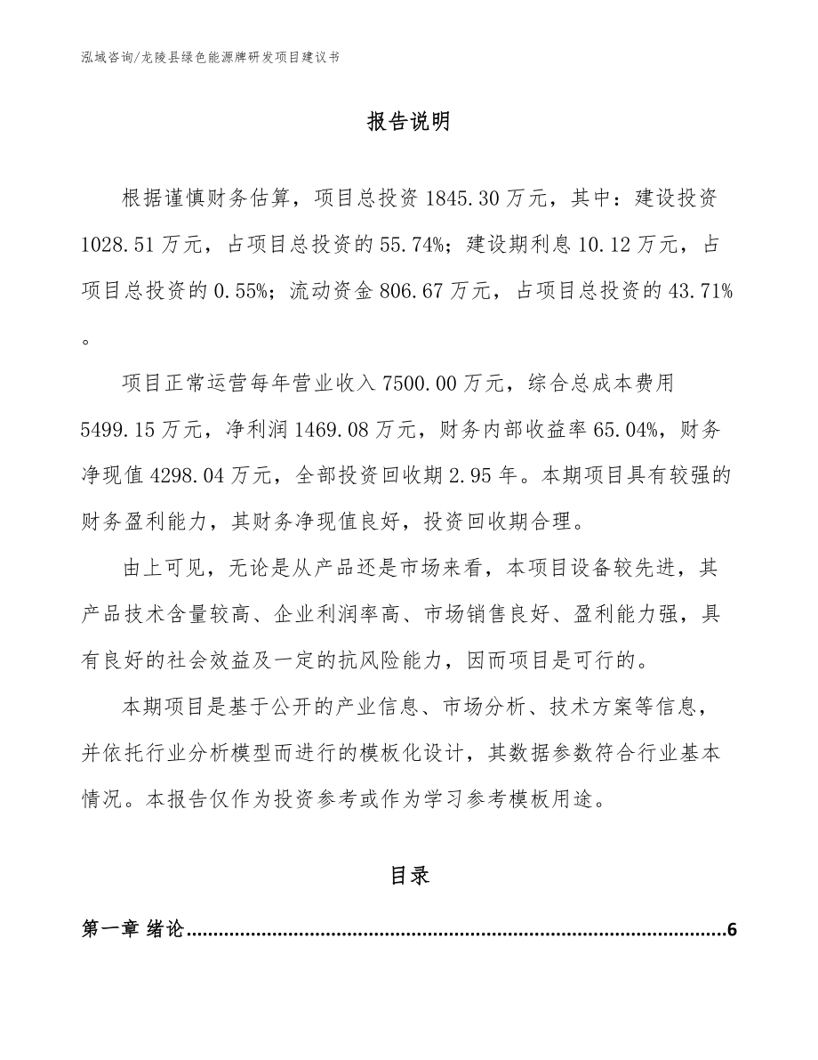 龙陵县绿色能源牌研发项目建议书（模板范文）_第1页