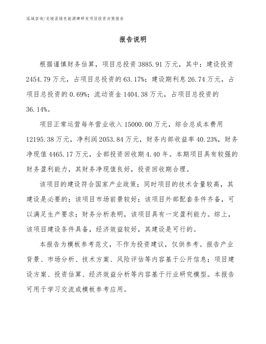 龙陵县绿色能源牌研发项目投资决策报告（范文参考）_第1页