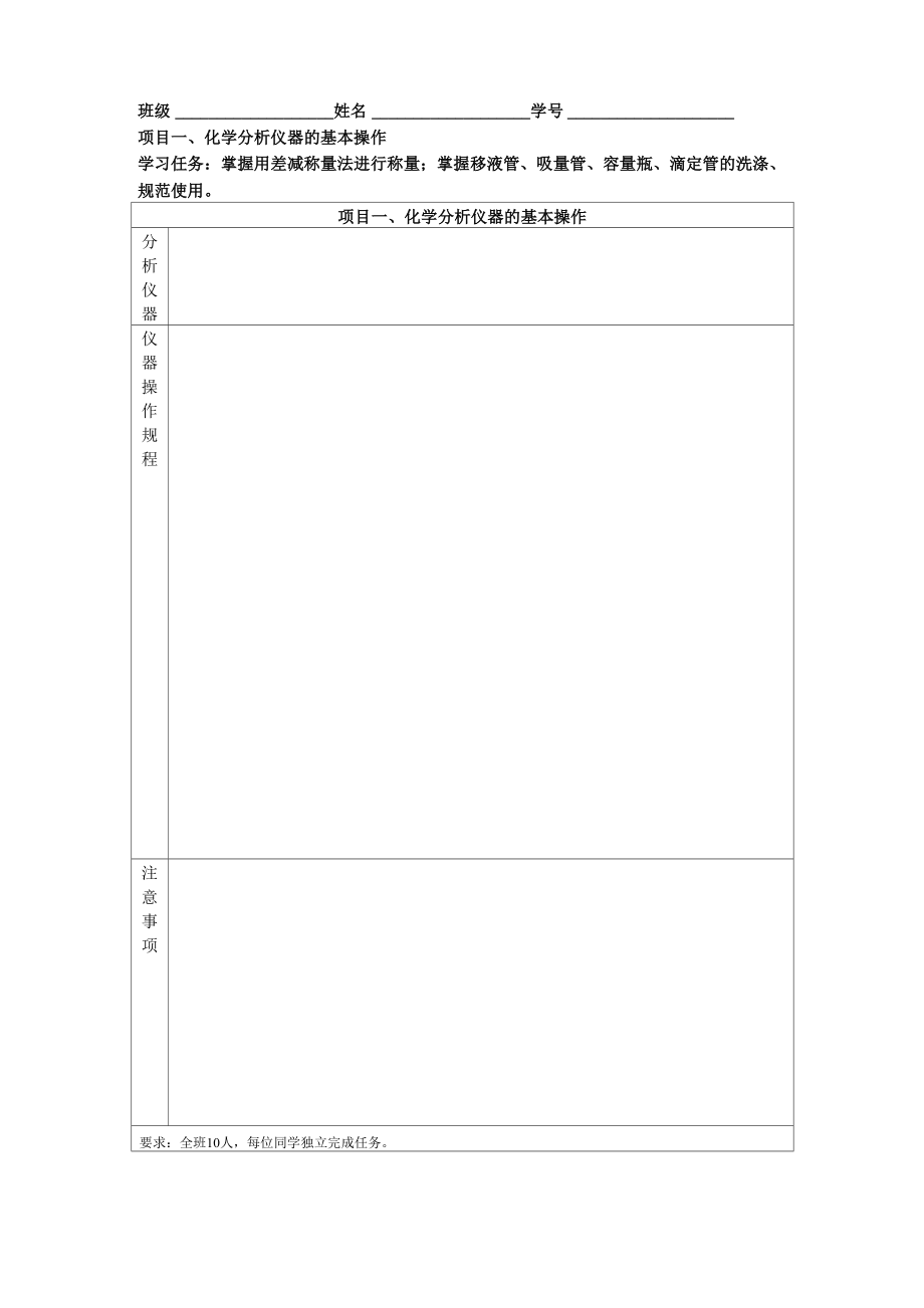 仪器分析实训项目任务单_第1页