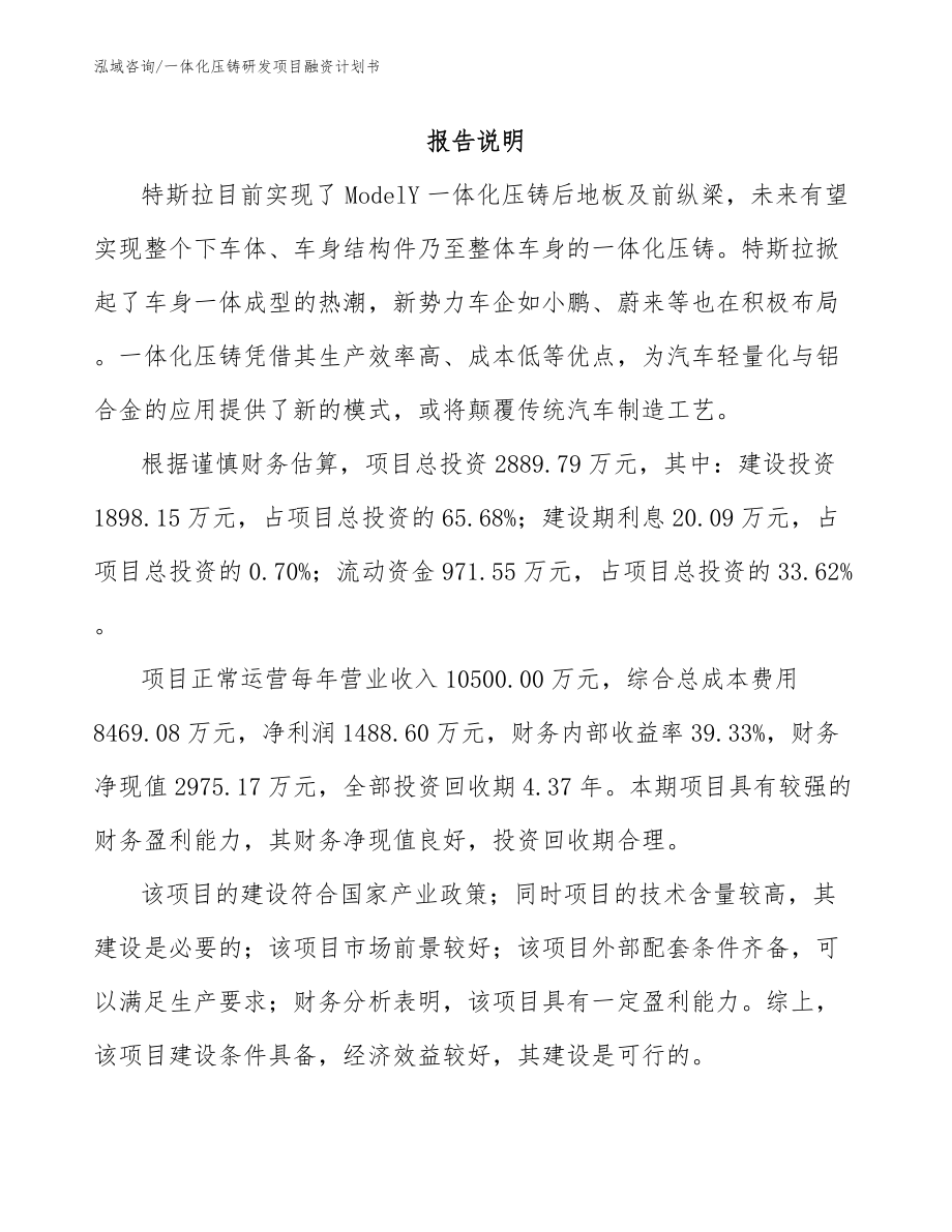 一体化压铸研发项目融资计划书（范文）_第1页