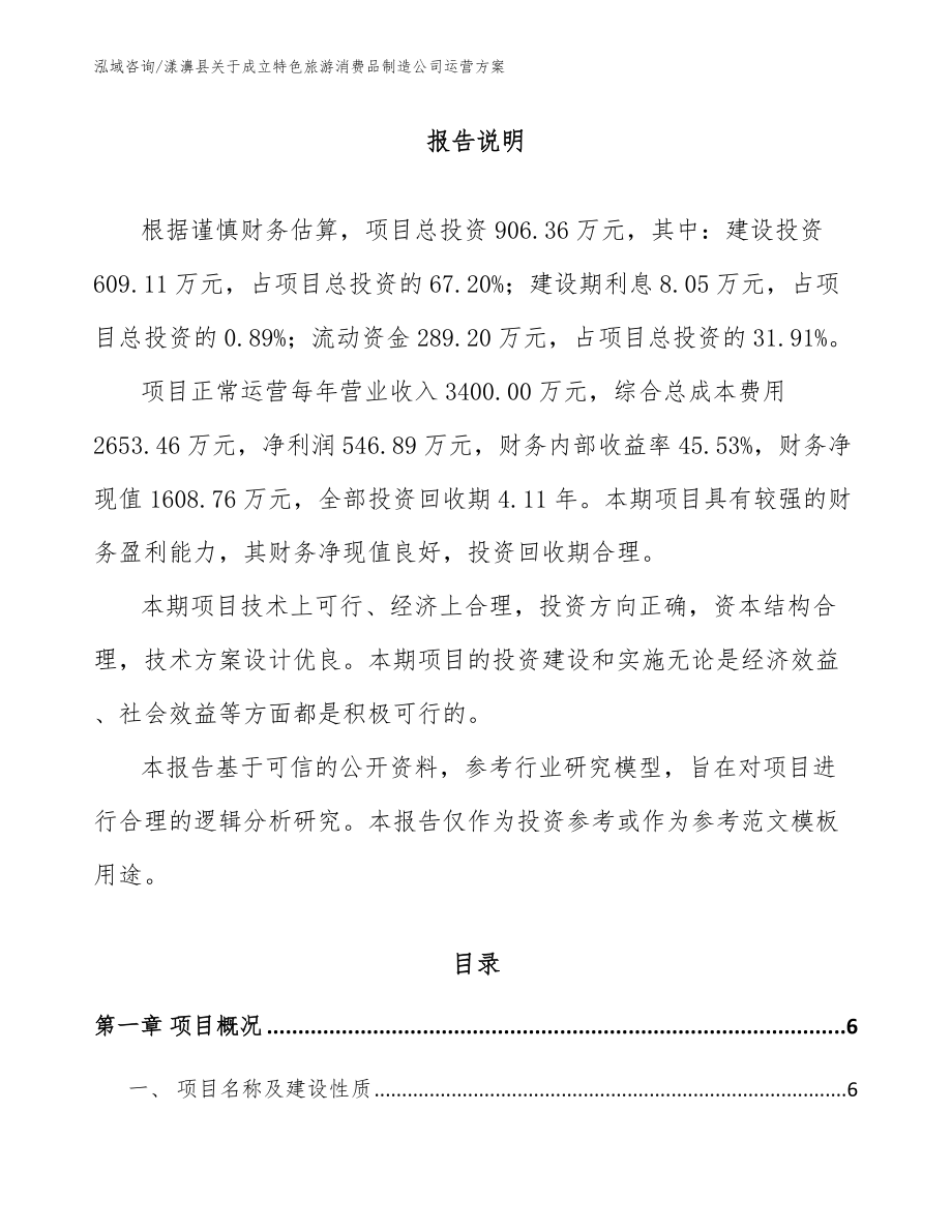 漾濞县关于成立特色旅游消费品制造公司运营方案模板范本_第1页