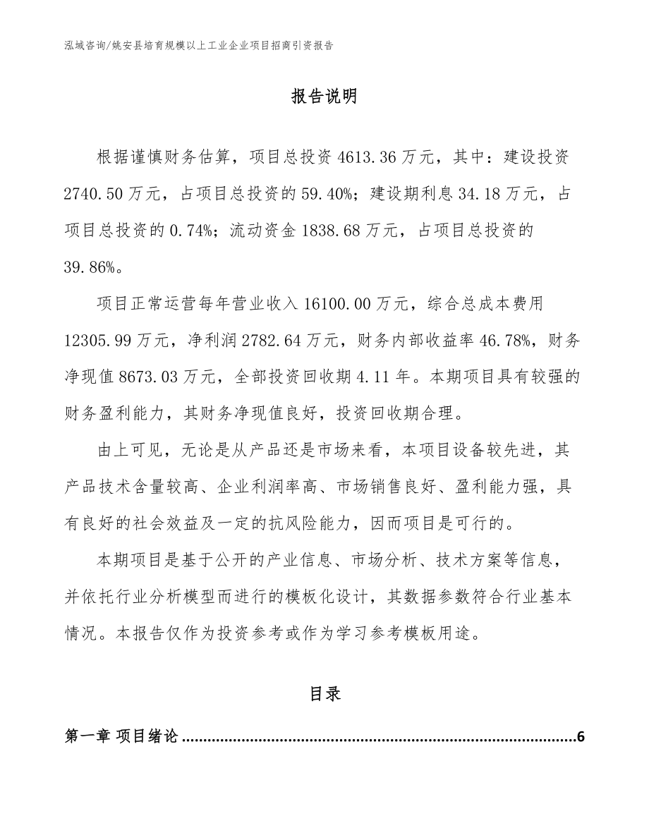 姚安县培育规模以上工业企业项目招商引资报告模板参考_第1页