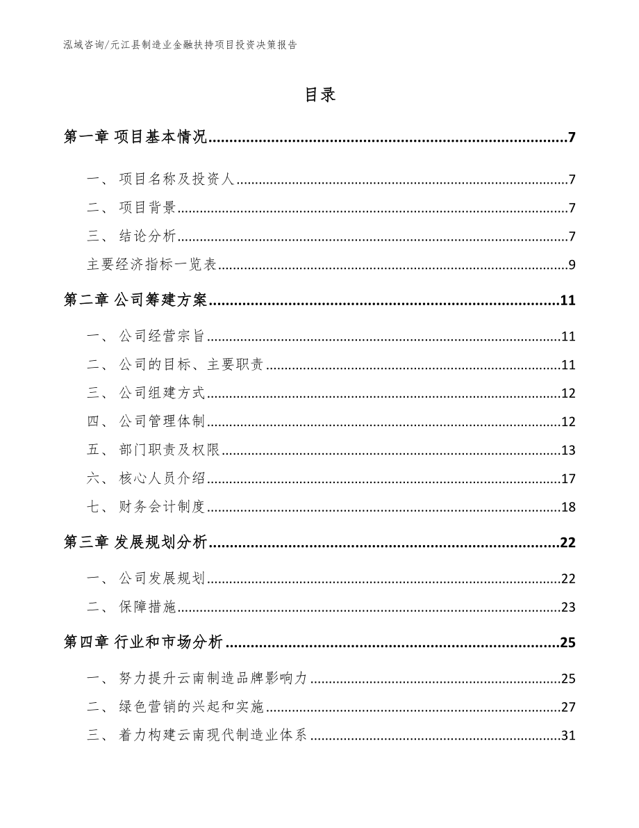 元江县制造业金融扶持项目投资决策报告_模板参考_第1页