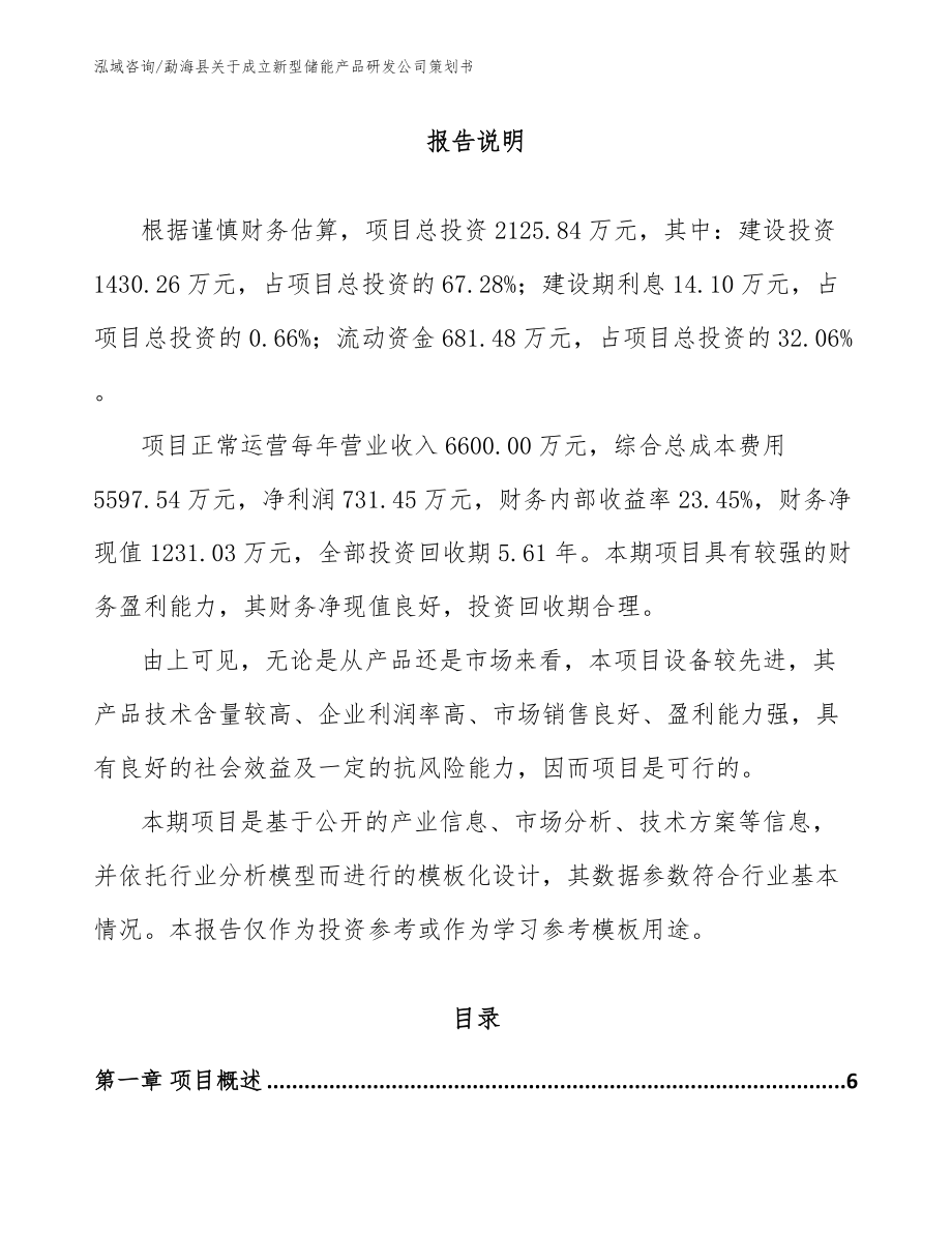 勐海县关于成立新型储能产品研发公司策划书_范文参考_第1页