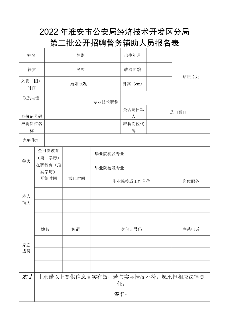 淮安市公安局清江浦分局警务辅助人员报名表_第1页