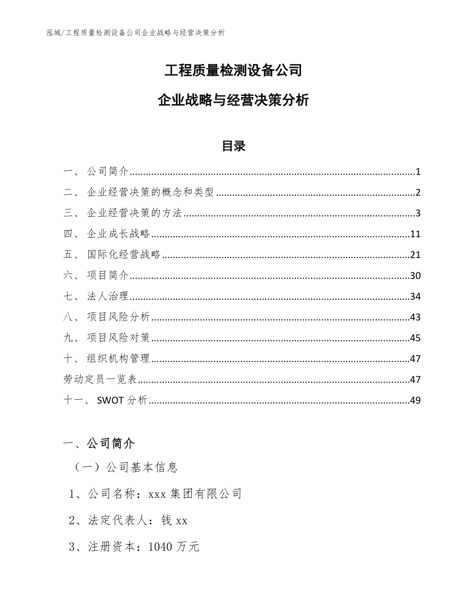 工程质量检测设备公司企业战略与经营决策分析_范文_第1页