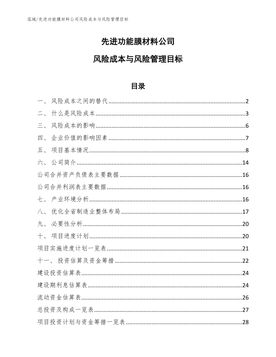 先进功能膜材料公司风险成本与风险管理目标【参考】_第1页