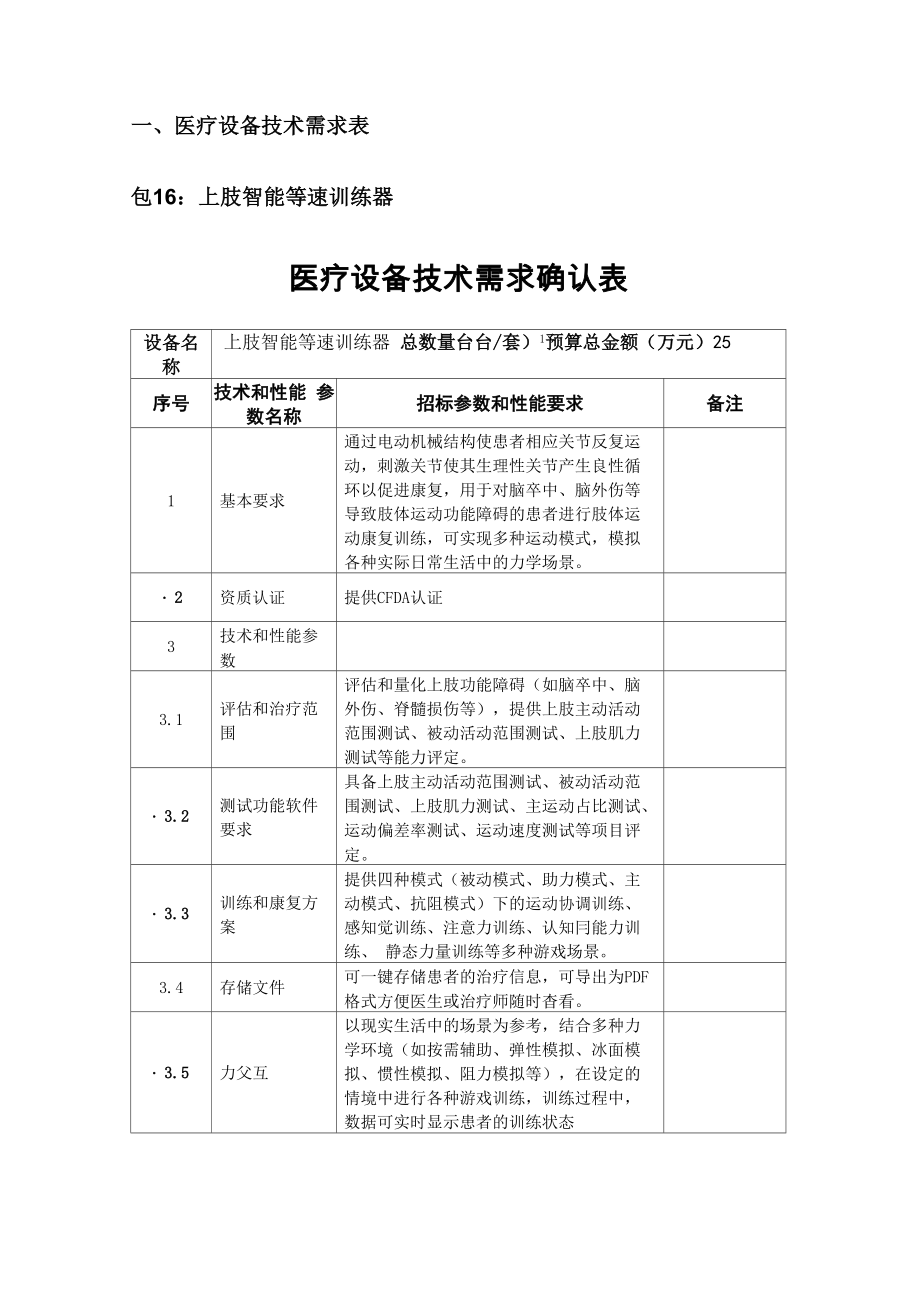 医疗设备技术需求表包16上肢智能等速训练器医疗设备技术需求确认表_第1页