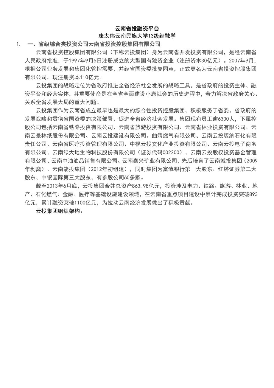 云南投融资平台汇总情况_第1页