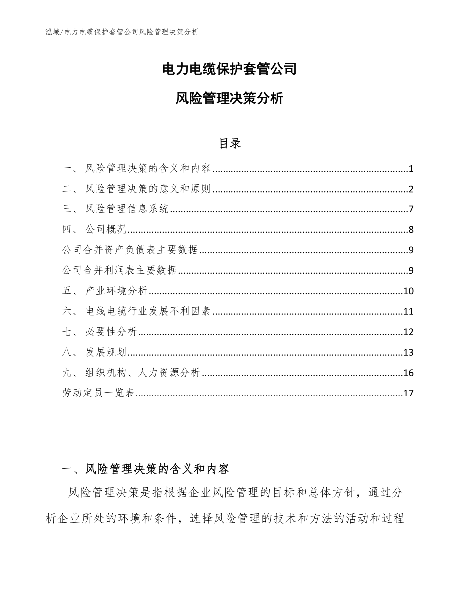 电力电缆保护套管公司风险管理决策分析【范文】_第1页