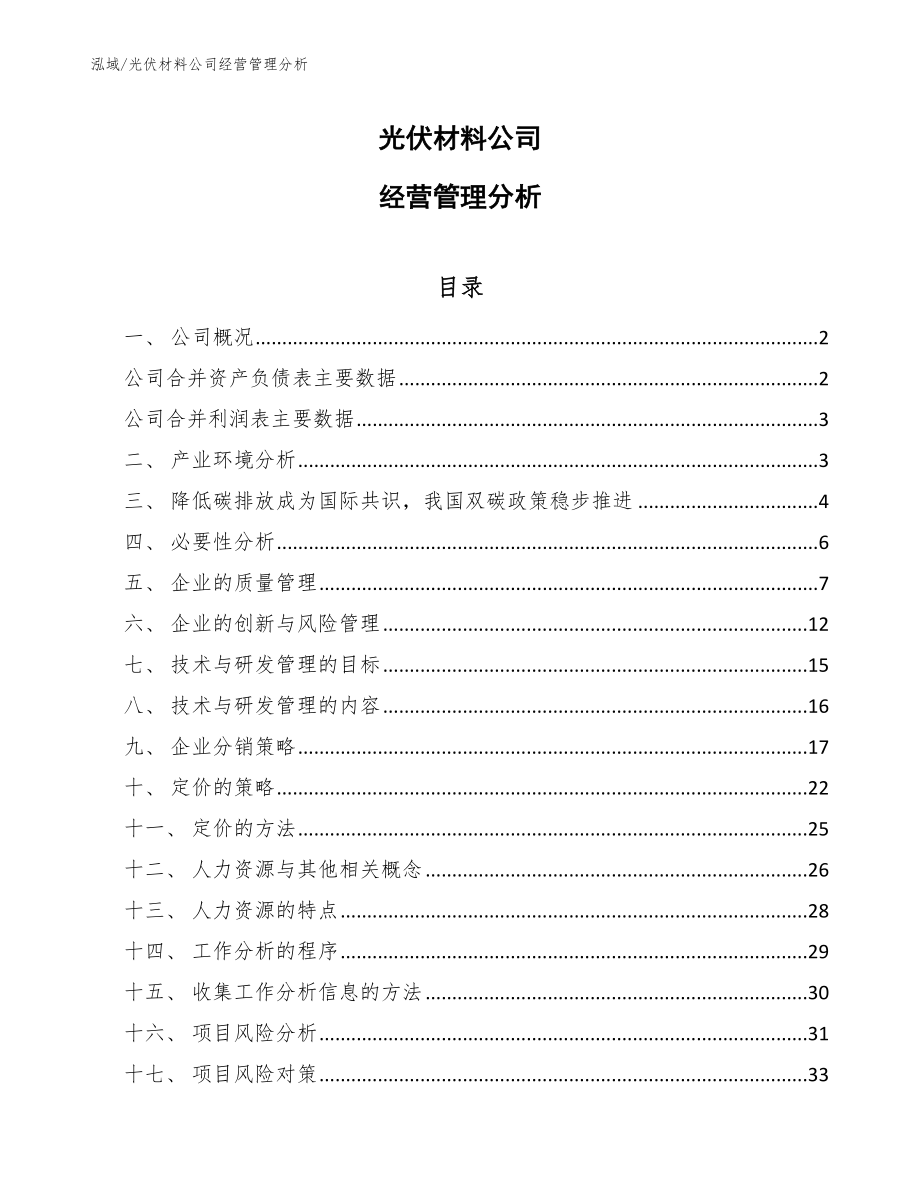 光伏材料公司经营管理分析（范文）_第1页