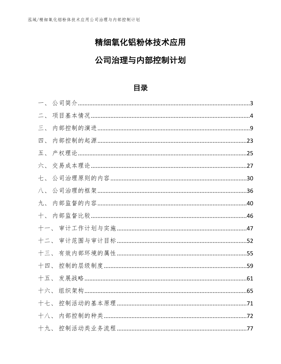 精细氧化铝粉体技术应用公司治理与内部控制计划（参考）_第1页