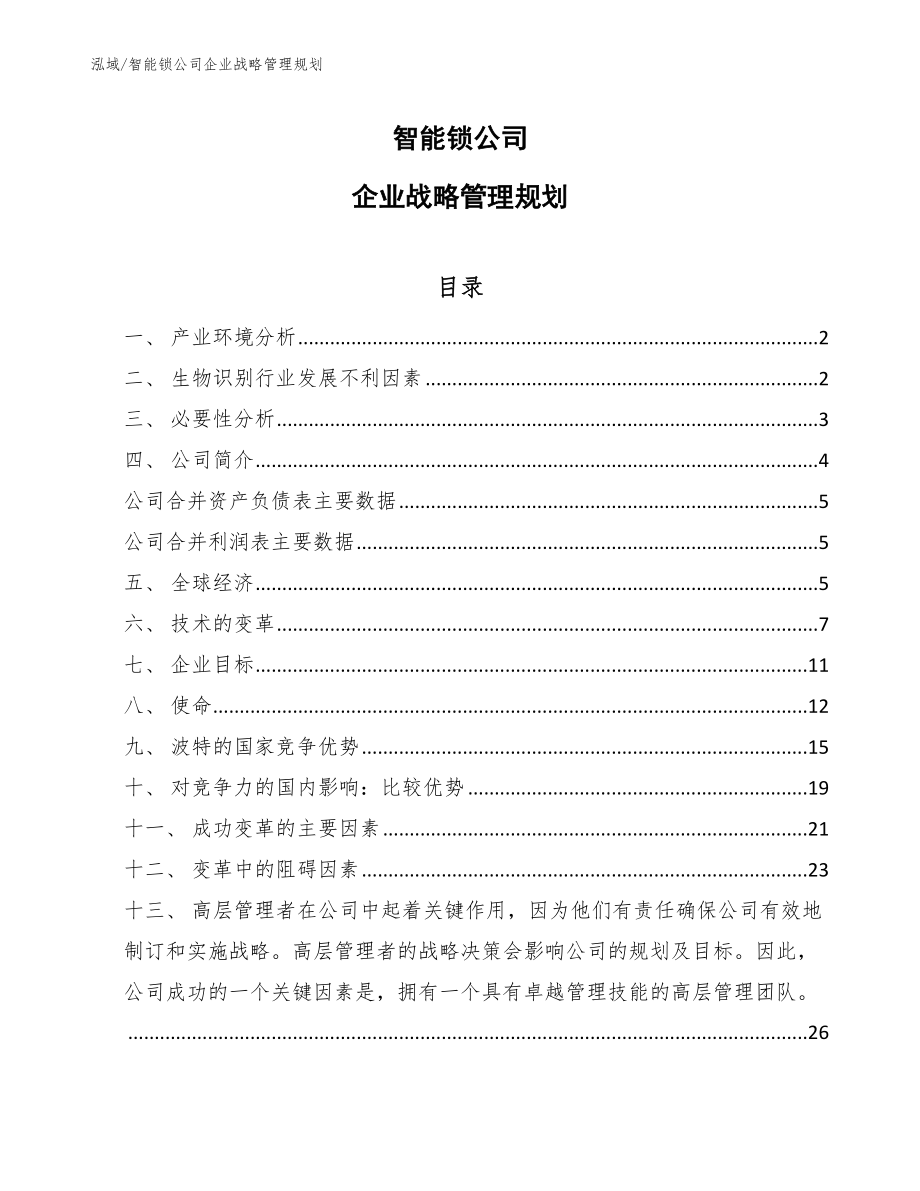 智能锁公司企业战略管理规划_第1页