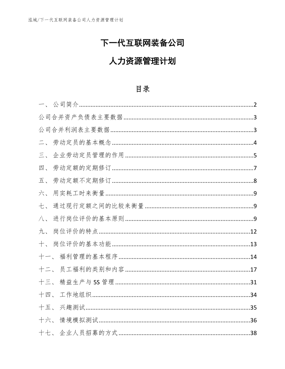 下一代互联网装备公司人力资源管理计划_范文_第1页