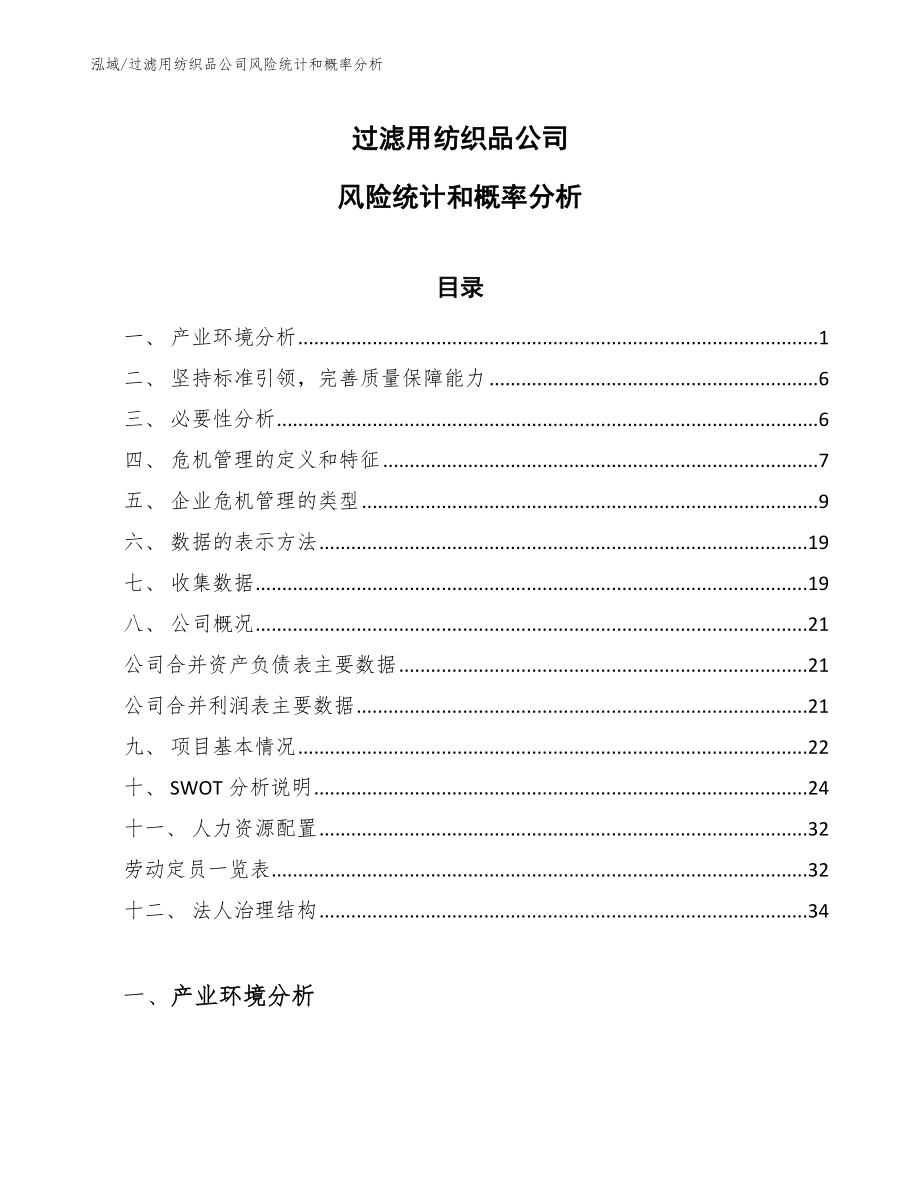 过滤用纺织品公司风险统计和概率分析_第1页