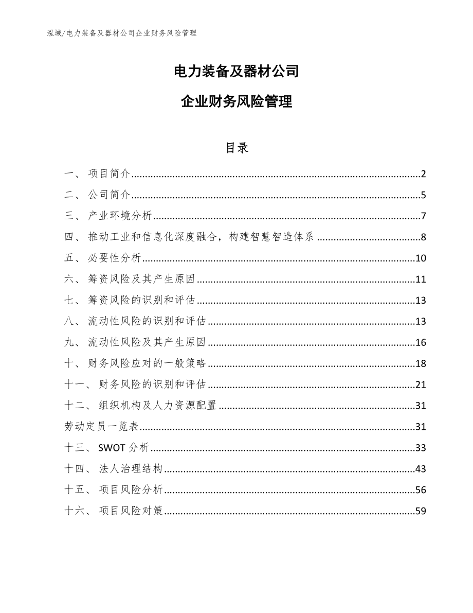 电力装备及器材公司企业财务风险管理（范文）_第1页