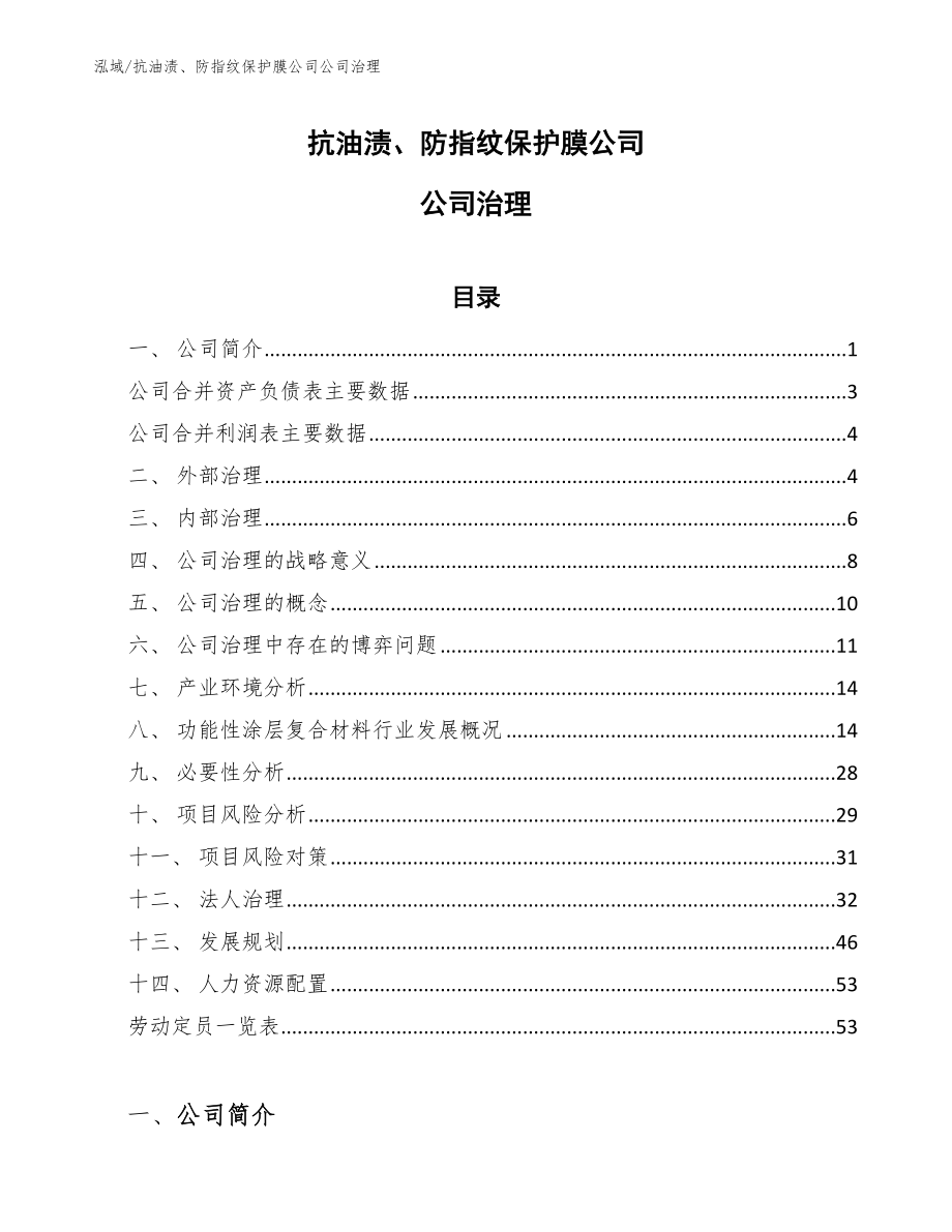 抗油渍、防指纹保护膜公司公司治理_第1页