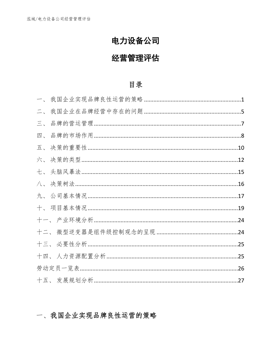 电力设备公司经营管理评估（范文）_第1页