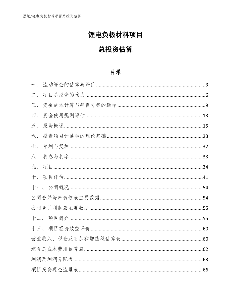 锂电负极材料项目总投资估算方案_第1页