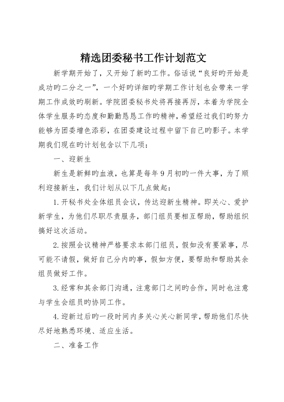 精选团委秘书工作计划范文_第1页