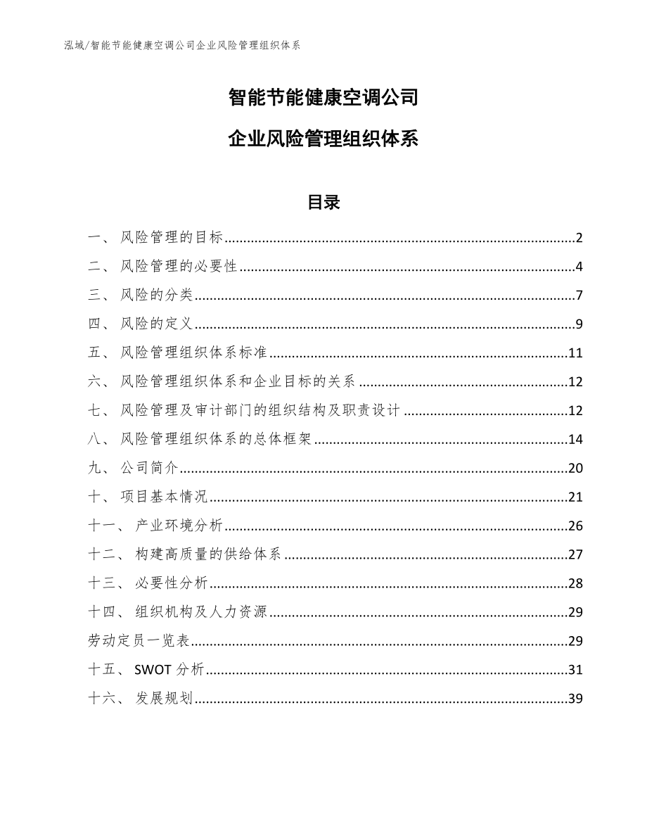 智能节能健康空调公司企业风险管理组织体系（范文）_第1页