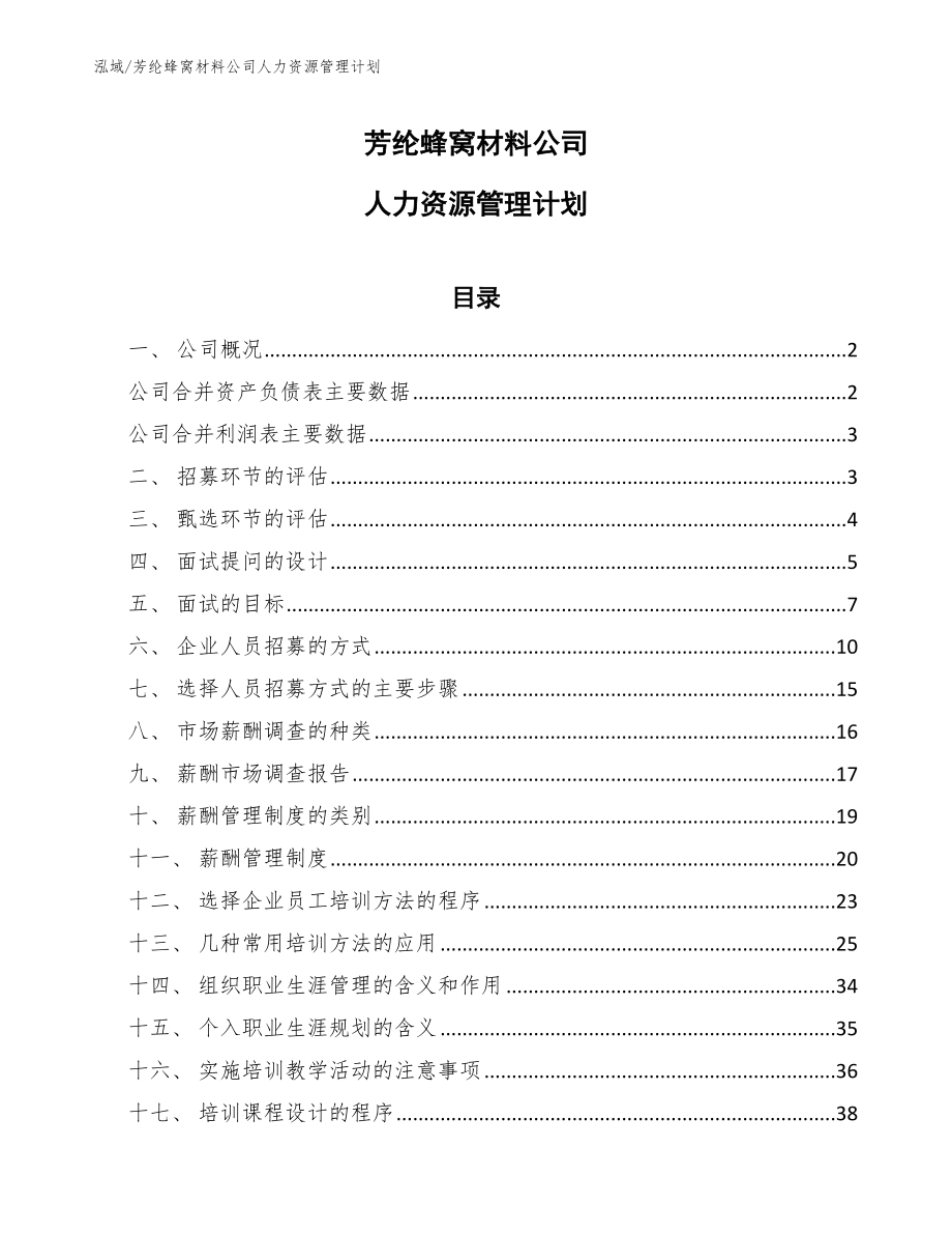 芳纶蜂窝材料公司人力资源管理计划_第1页