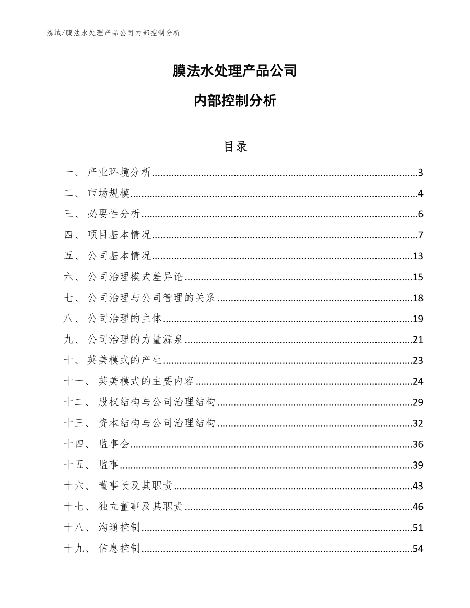 膜法水处理产品公司内部控制分析_第1页