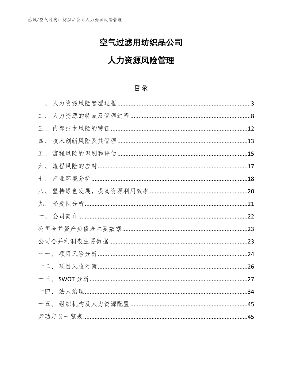 空气过滤用纺织品公司人力资源风险管理【参考】_第1页