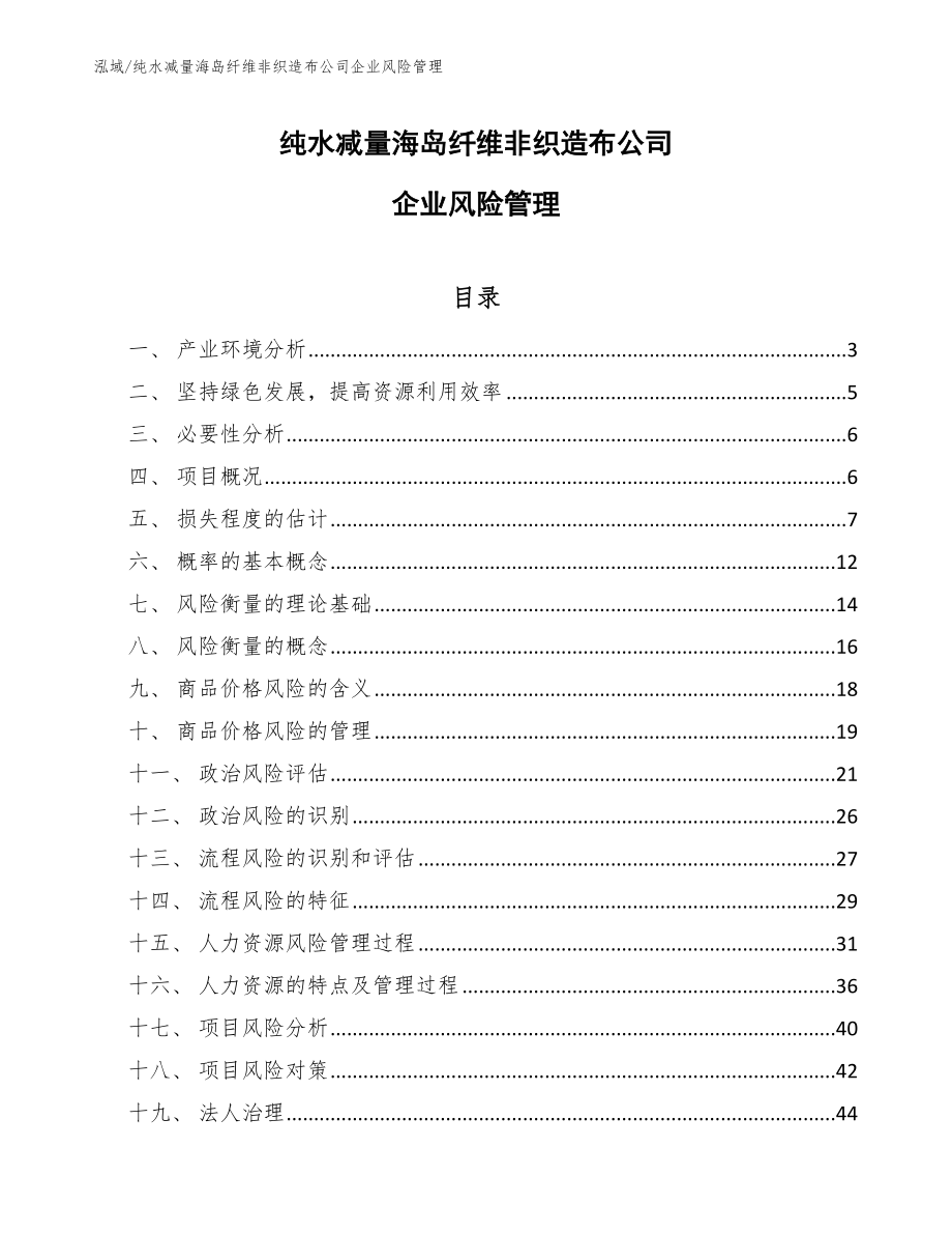 纯水减量海岛纤维非织造布公司企业风险管理（范文）_第1页