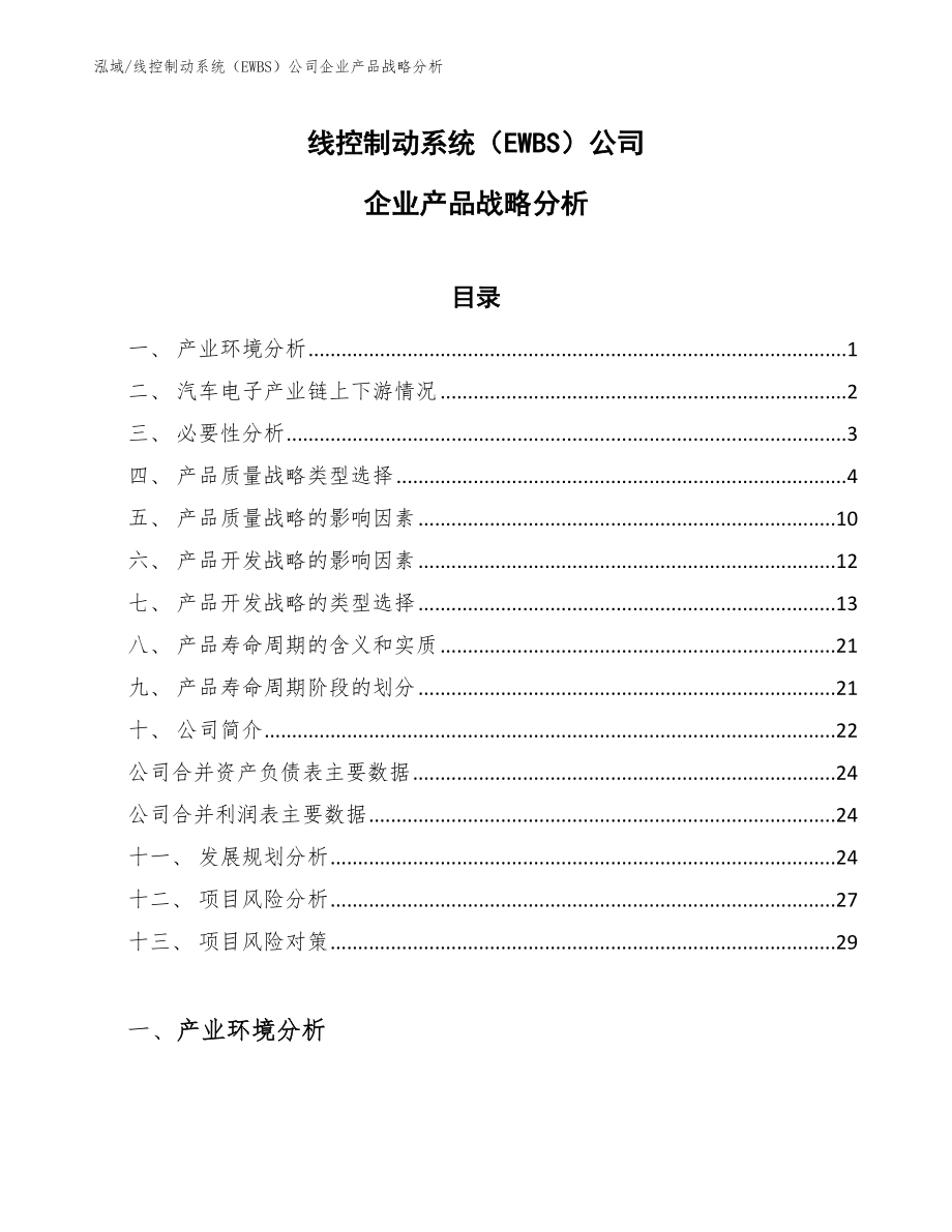 线控制动系统（EWBS）公司企业产品战略分析_第1页