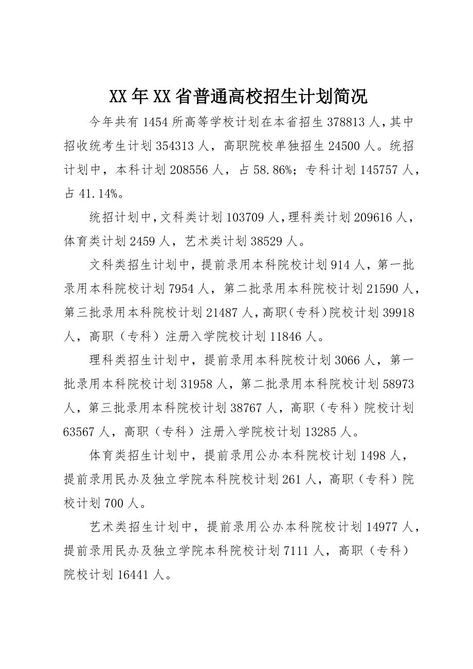 XX省普通高校招生计划简况_第1页