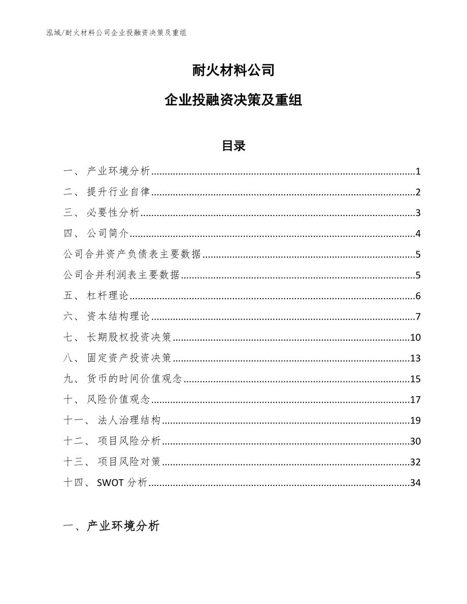 耐火材料公司企业投融资决策及重组_范文_第1页