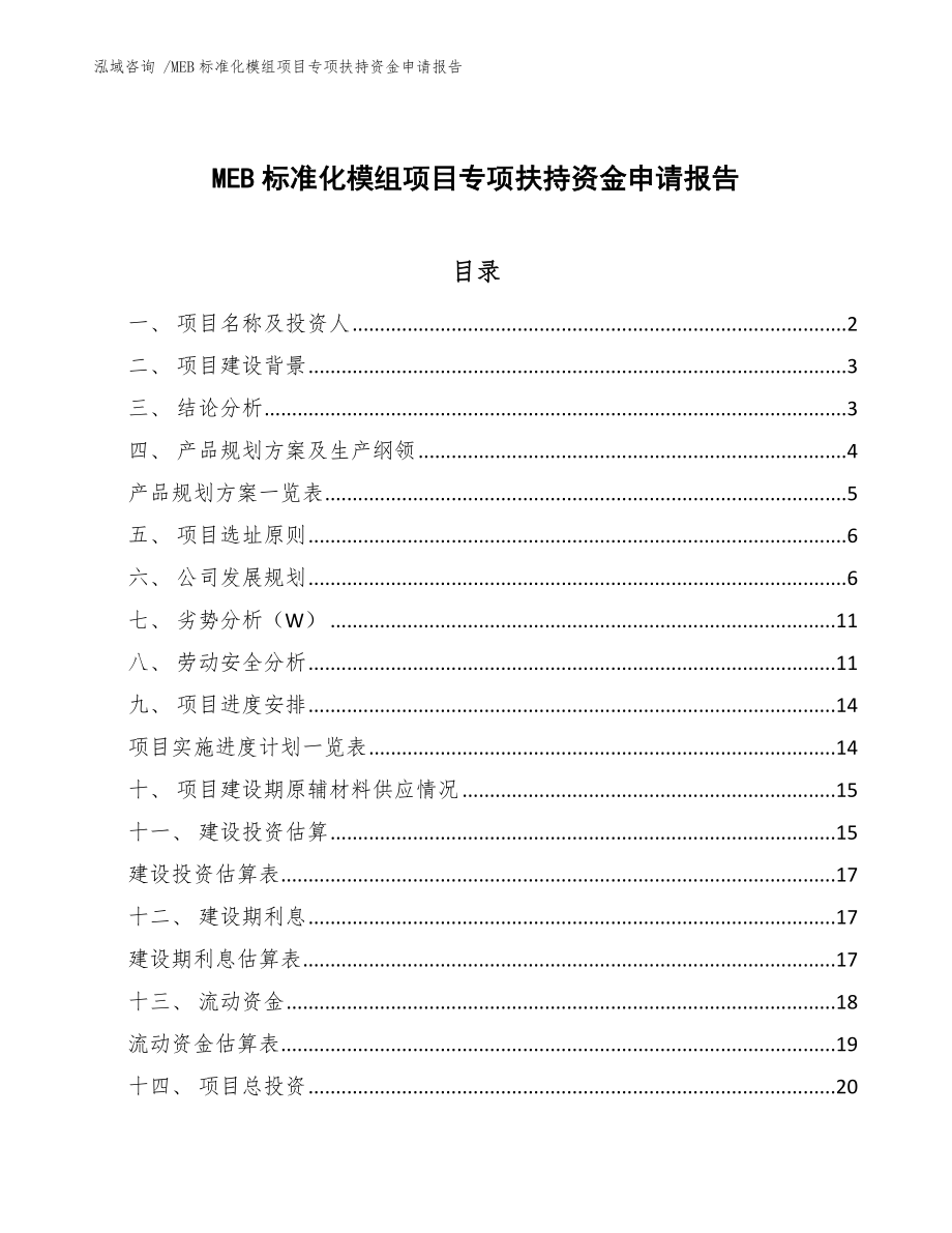 MEB标准化模组项目专项扶持资金申请报告（模板范本）_第1页