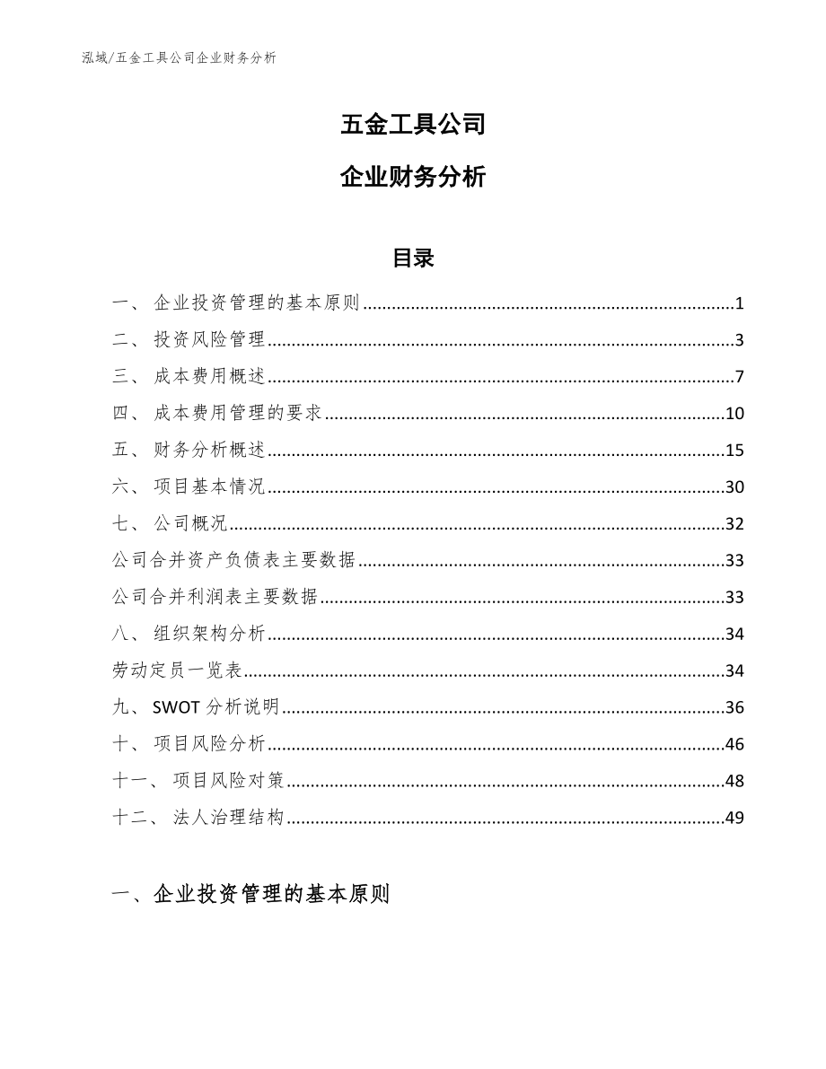 五金工具公司企业财务分析_范文_第1页