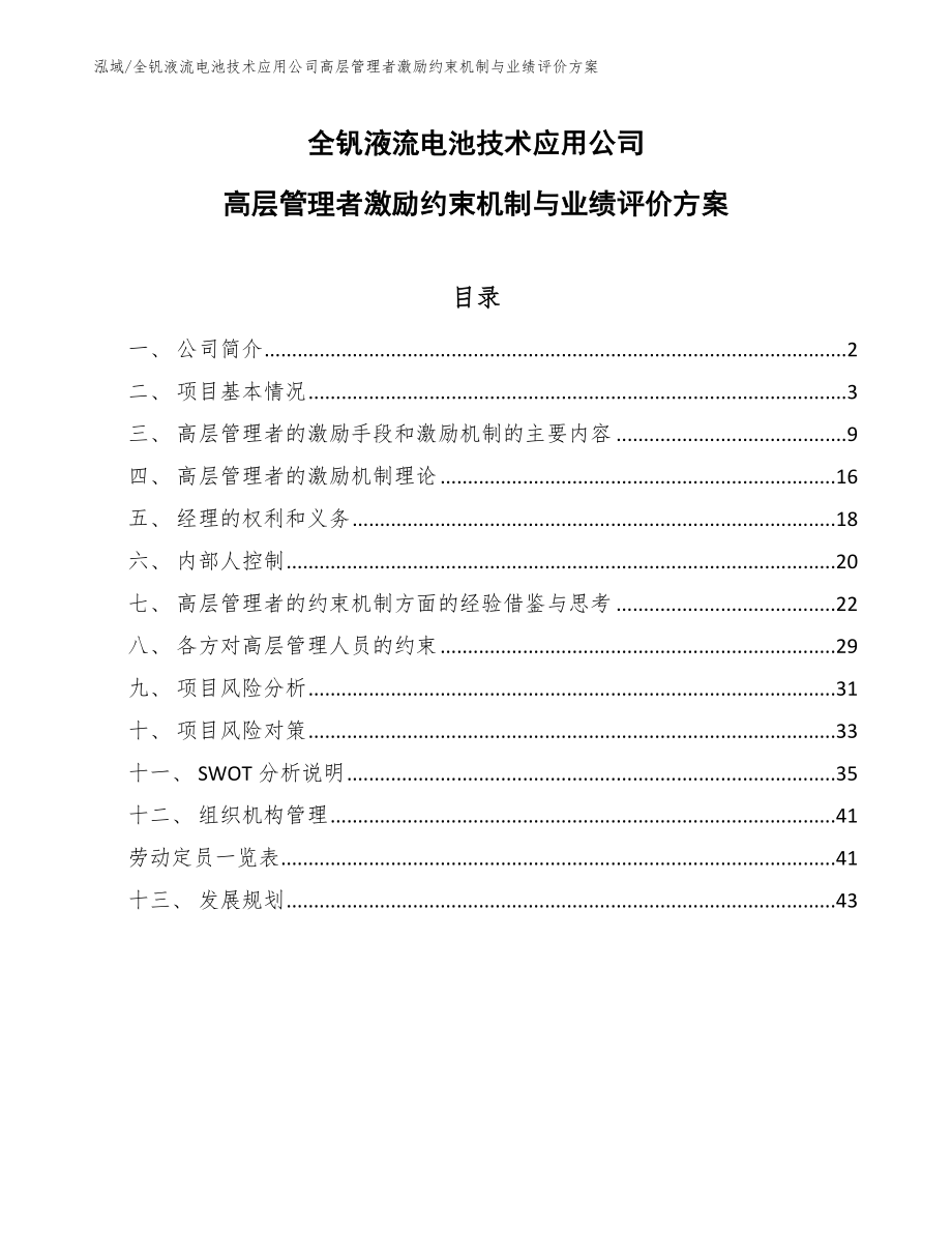 全钒液流电池技术应用公司高层管理者激励约束机制与业绩评价方案（参考）_第1页