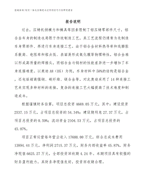 安庆一体化压铸技术应用项目可行性研究报告