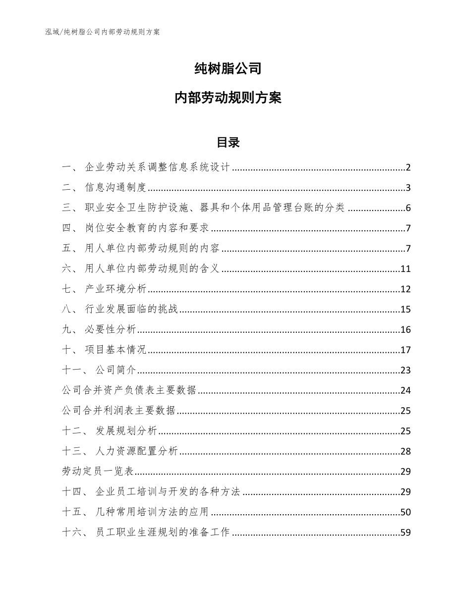 纯树脂公司内部劳动规则方案_第1页