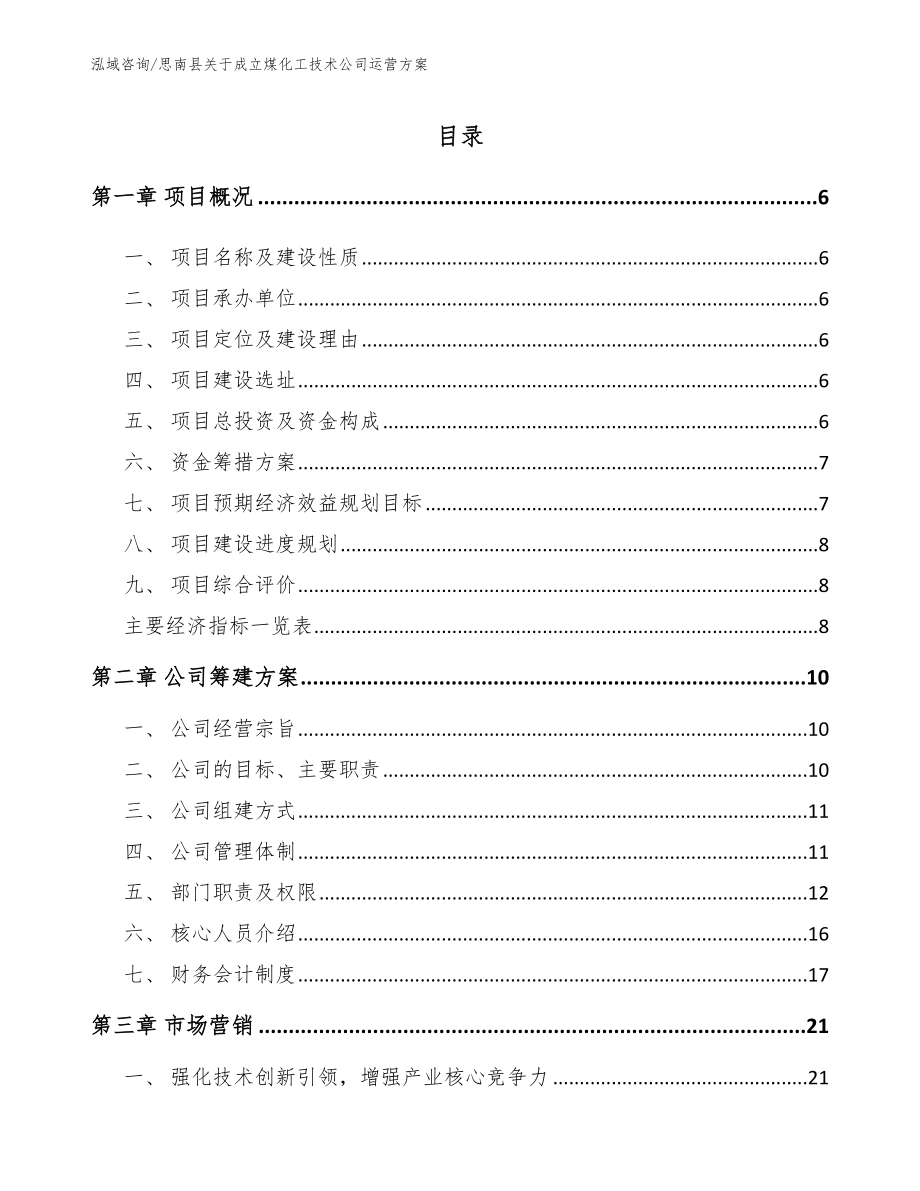 思南县关于成立煤化工技术公司运营方案【范文模板】_第1页