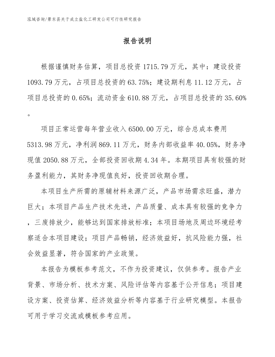 景东县关于成立盐化工研发公司可行性研究报告范文模板_第1页