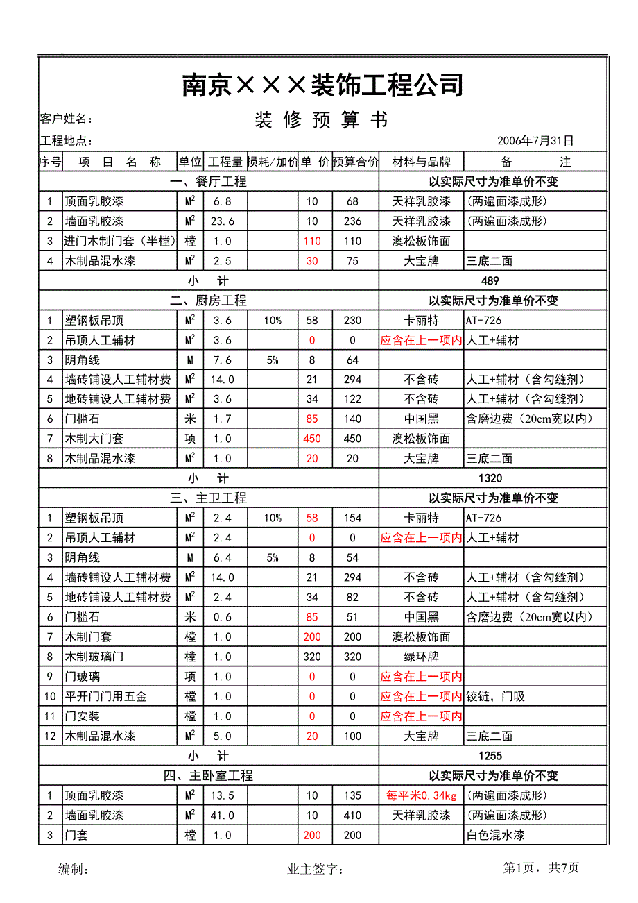 2006年南京某家裝品牌裝飾公司報(bào)價(jià)單(審計(jì))_第1頁