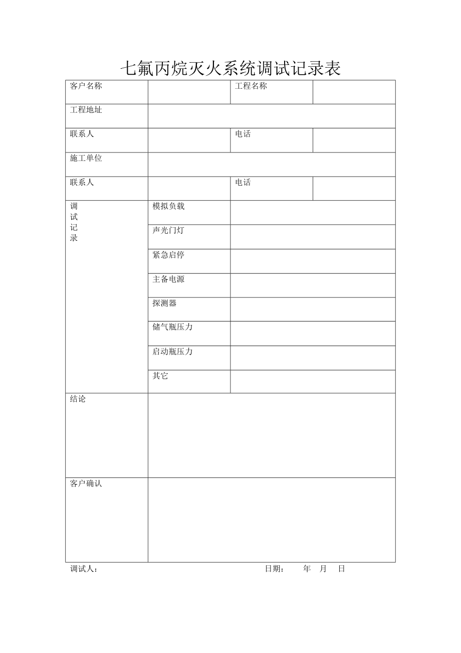 七氟丙烷滅火系統(tǒng)調(diào)試記錄表_第1頁