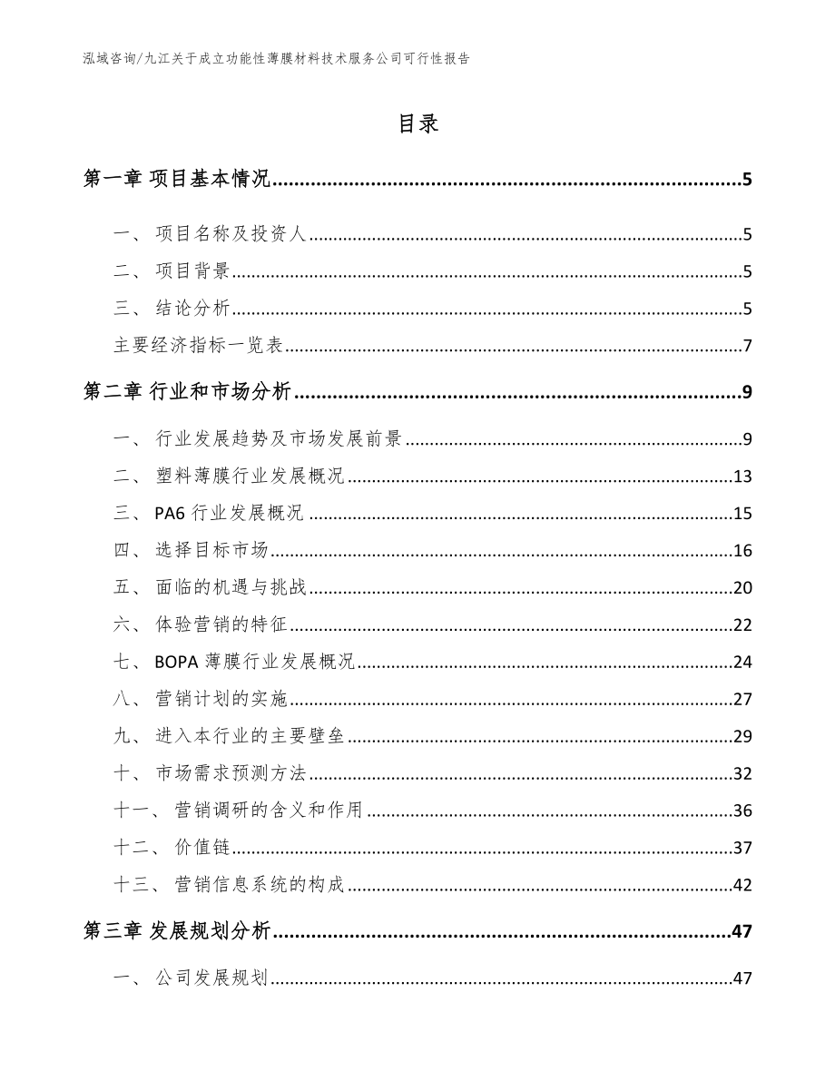 九江关于成立功能性薄膜材料技术服务公司可行性报告_第1页